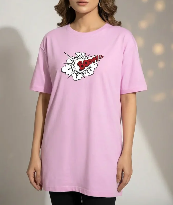 BOOM oversized cotton graphic t shirt for women in Pakistan drop shoulder streetwear style