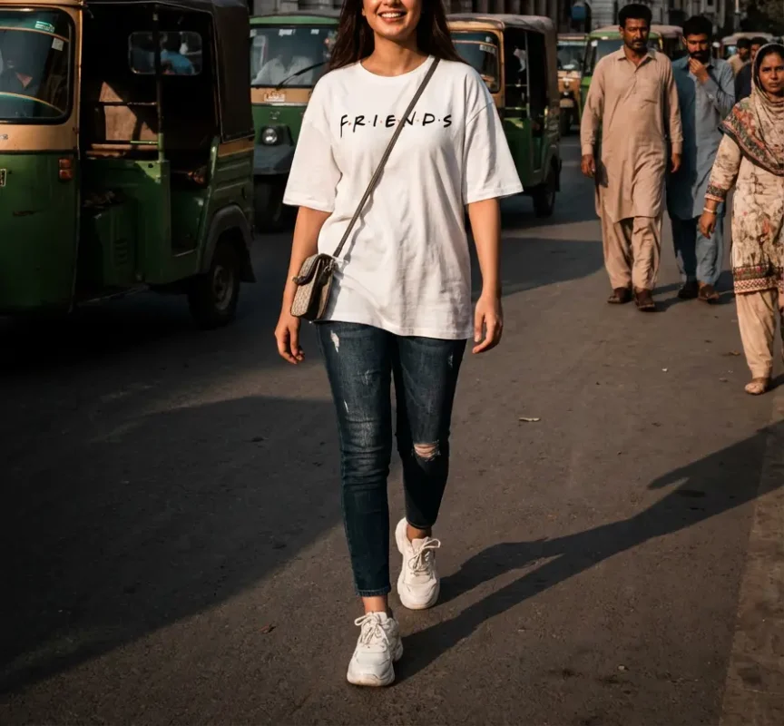 Friends graphic cotton t shirt for women in Pakistan oversized stylish streetwear tee