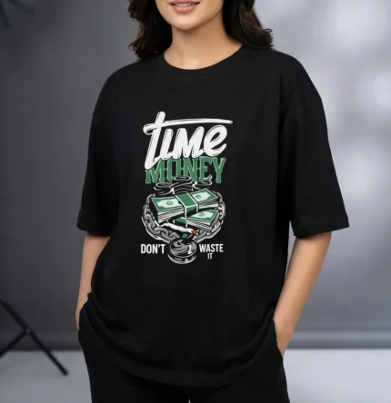 Time Money graphic cotton t shirt for women in Pakistan oversized long fit streetwear casual