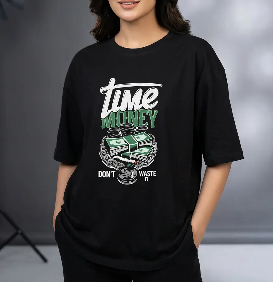 Time Money graphic cotton t shirt for women in Pakistan oversized long fit streetwear casual
