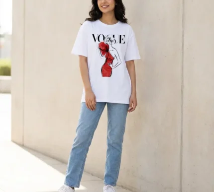VOSUE oversized cotton t shirt for women in Pakistan long graphic drop shoulder streetwear