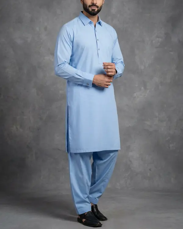 Modern light blue Pakistani mens shalwar kameez design with classic collar stylelight-blue-shalwar-kameez-men-ramzan-2026 light blue mens shalwar kameez design pakistan modern gents shalwar kameez