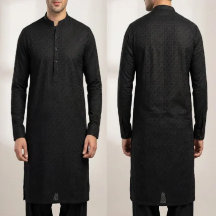 black chicken kari mens shalwar kameez embroidered kurta front and back