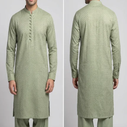 light green chicken kari mens shalwar kameez embroidered kurta front and back