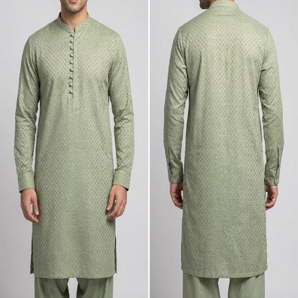 light green chicken kari mens shalwar kameez embroidered kurta front and back